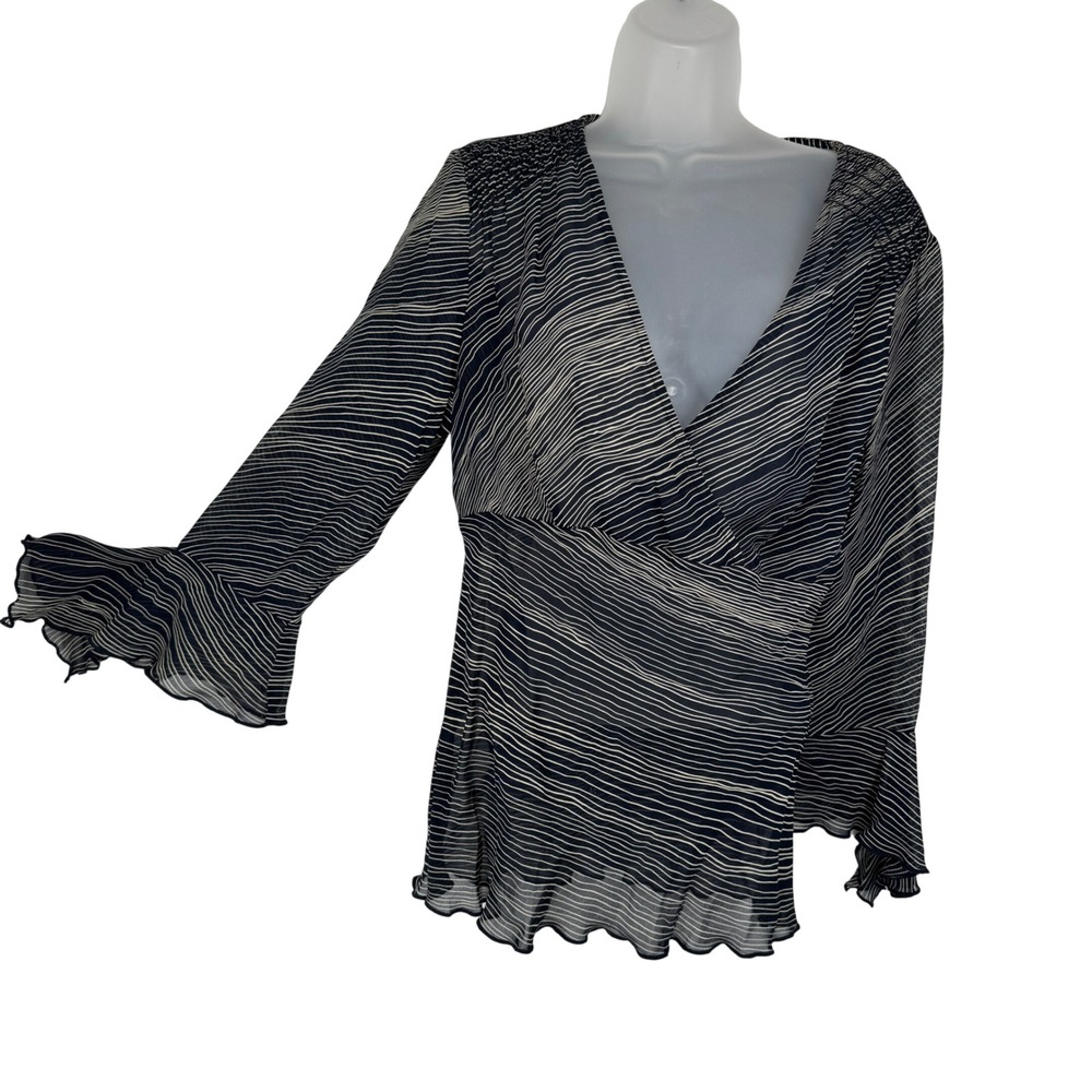Vintage Womens Sheer Smocked Wrap Top Babydoll Flare Witchy Sleeve 90s Y2K Boho